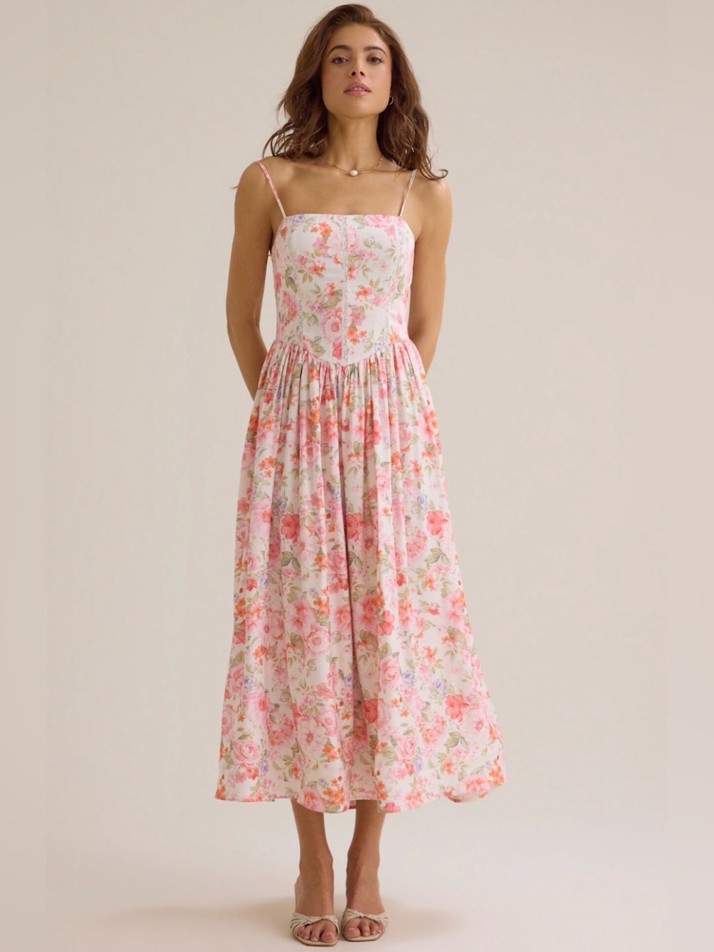 Altar'd State Pink Floral Midi Dress with Spaghetti Straps